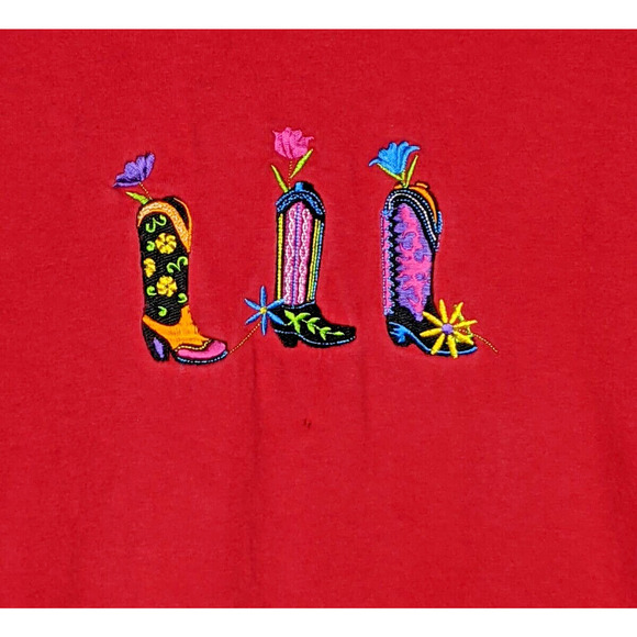 Western Red T-Shirt Women's 2XL Embroidered Cowgirl Boots Bright READ - Picture 3 of 6